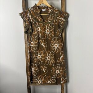VOY Brown Floral Dress with White Daisy Pattern S